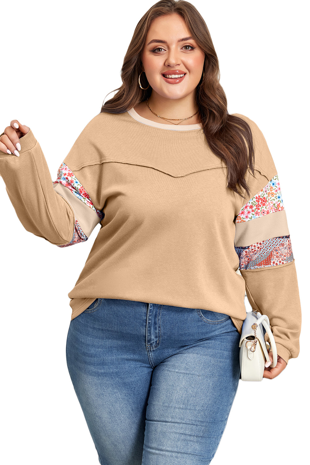 Blue Exposed Seam Floral Mixed Patchwork Relaxed Plus Size Sweatshirt