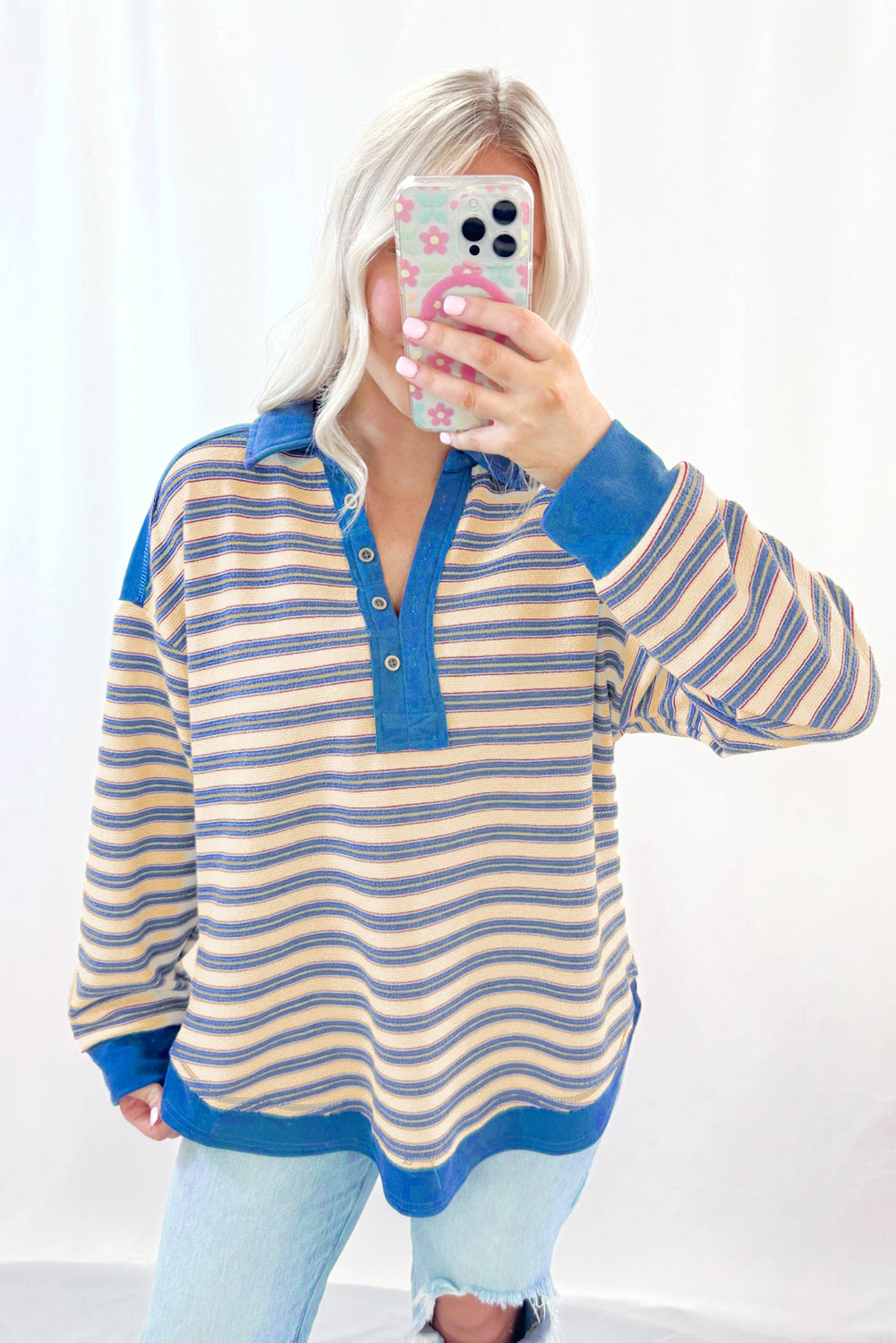 Red Stripe Buttoned V Neck Top
