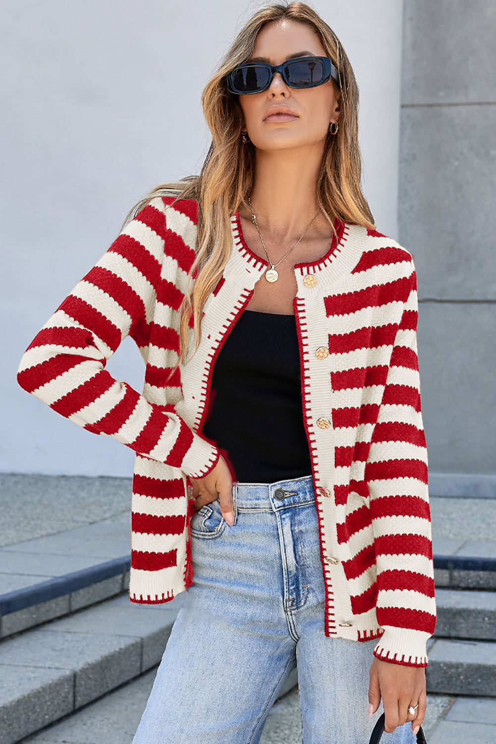 Black Stripe Chic Golden Button Cardigan Sweater