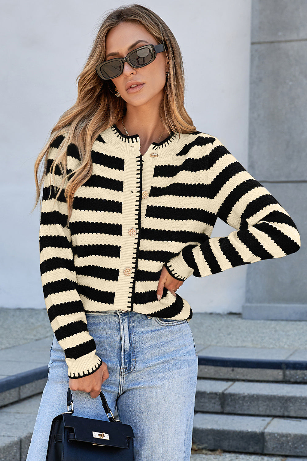 Black Stripe Chic Golden Button Cardigan Sweater