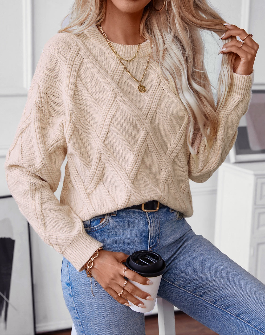 Geometric Round Neck Long Sleeve Sweater