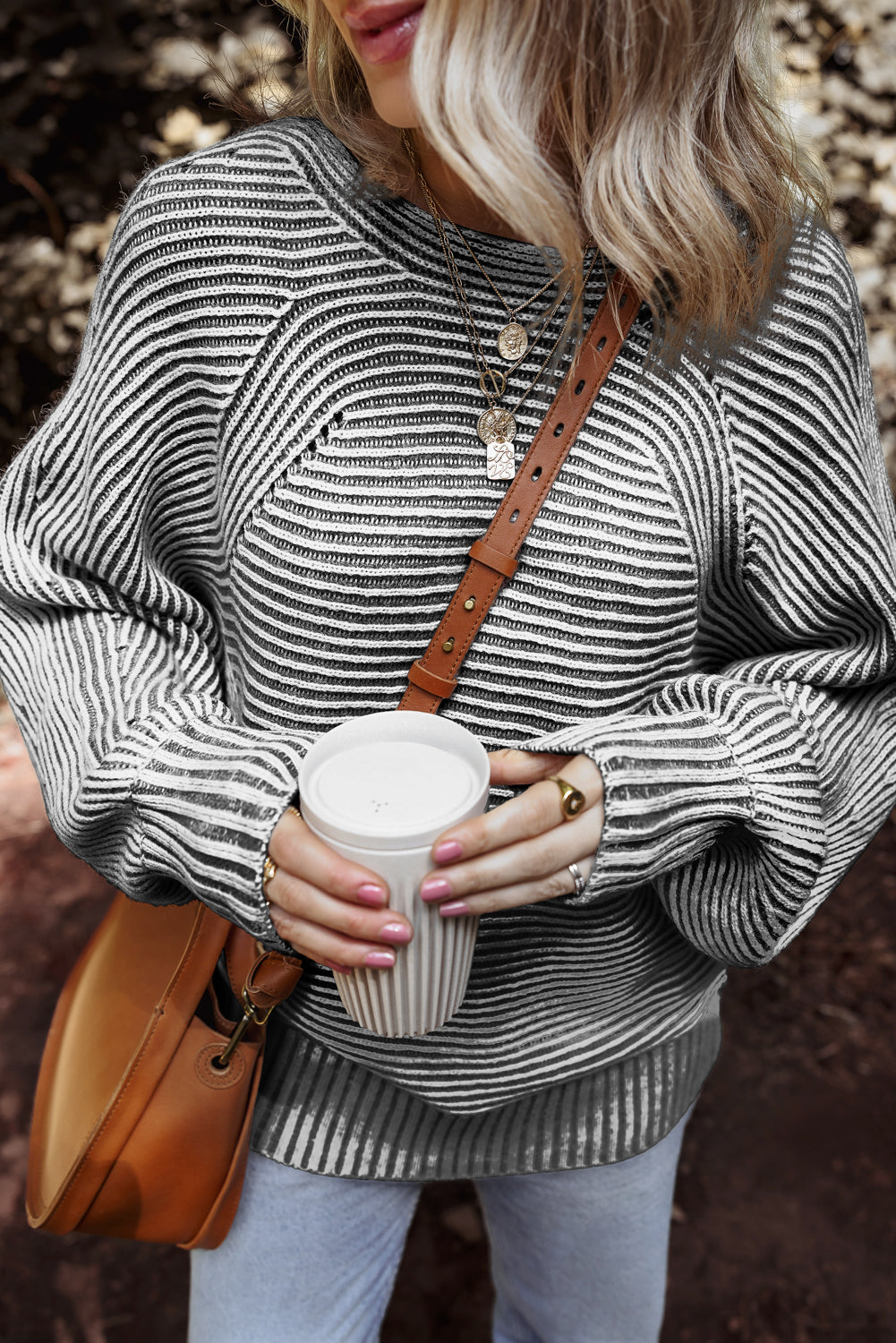 Coffee Striped Print Ribbed Knit Boat Neck Baggy Sweater