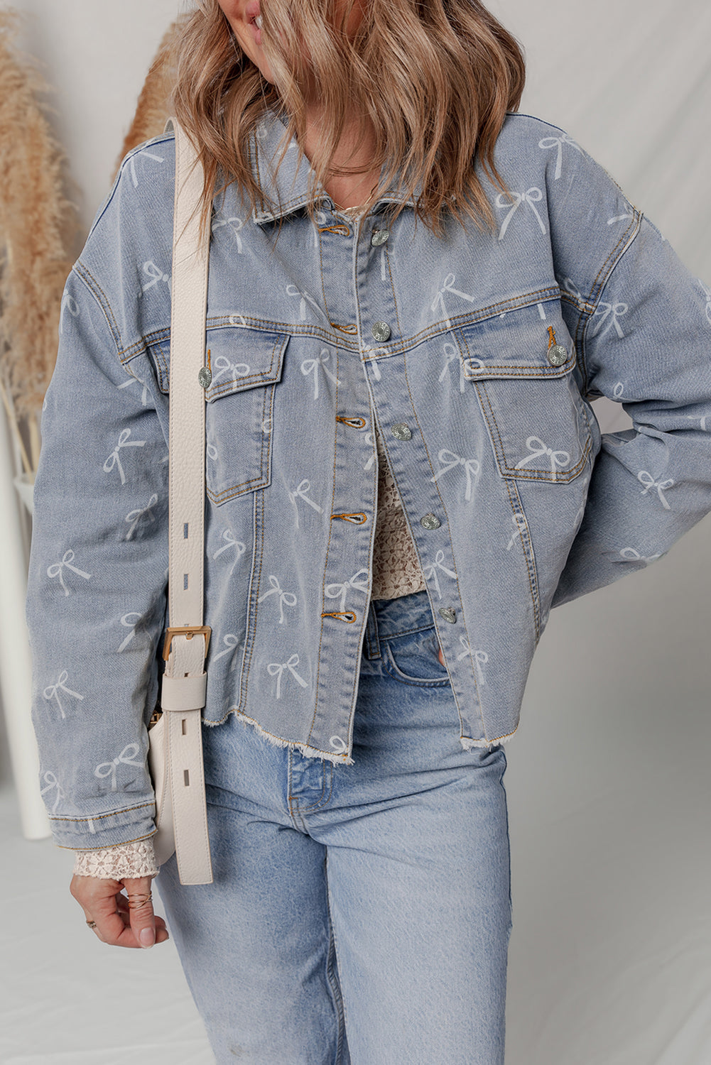Sky Blue Bow Knot Print Light Wash Raw Hem Denim Jacket