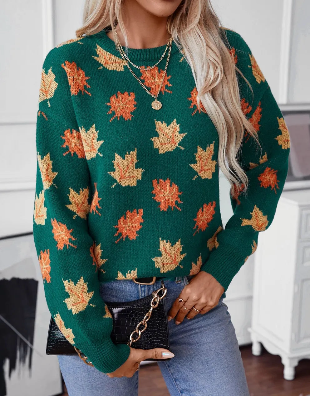 Maple Leaf Round Neck Long Sleeve Sweater