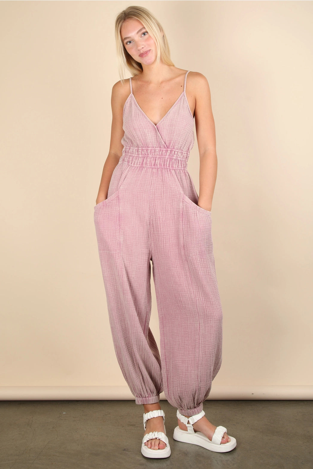 Mineral Washed Cotton Gauze Casual Jumpsuit