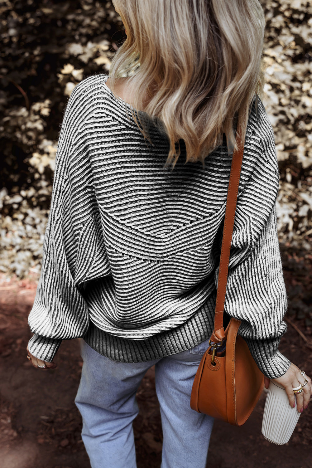 Coffee Striped Print Ribbed Knit Boat Neck Baggy Sweater