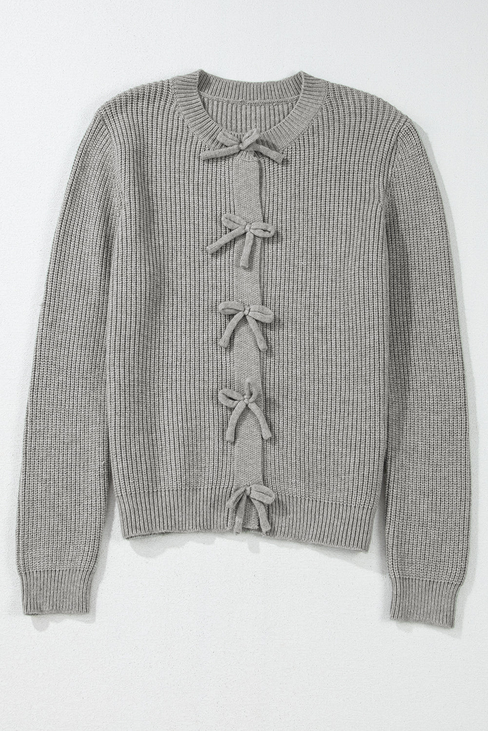 Gray Ribbed Knit Bow Cardigan