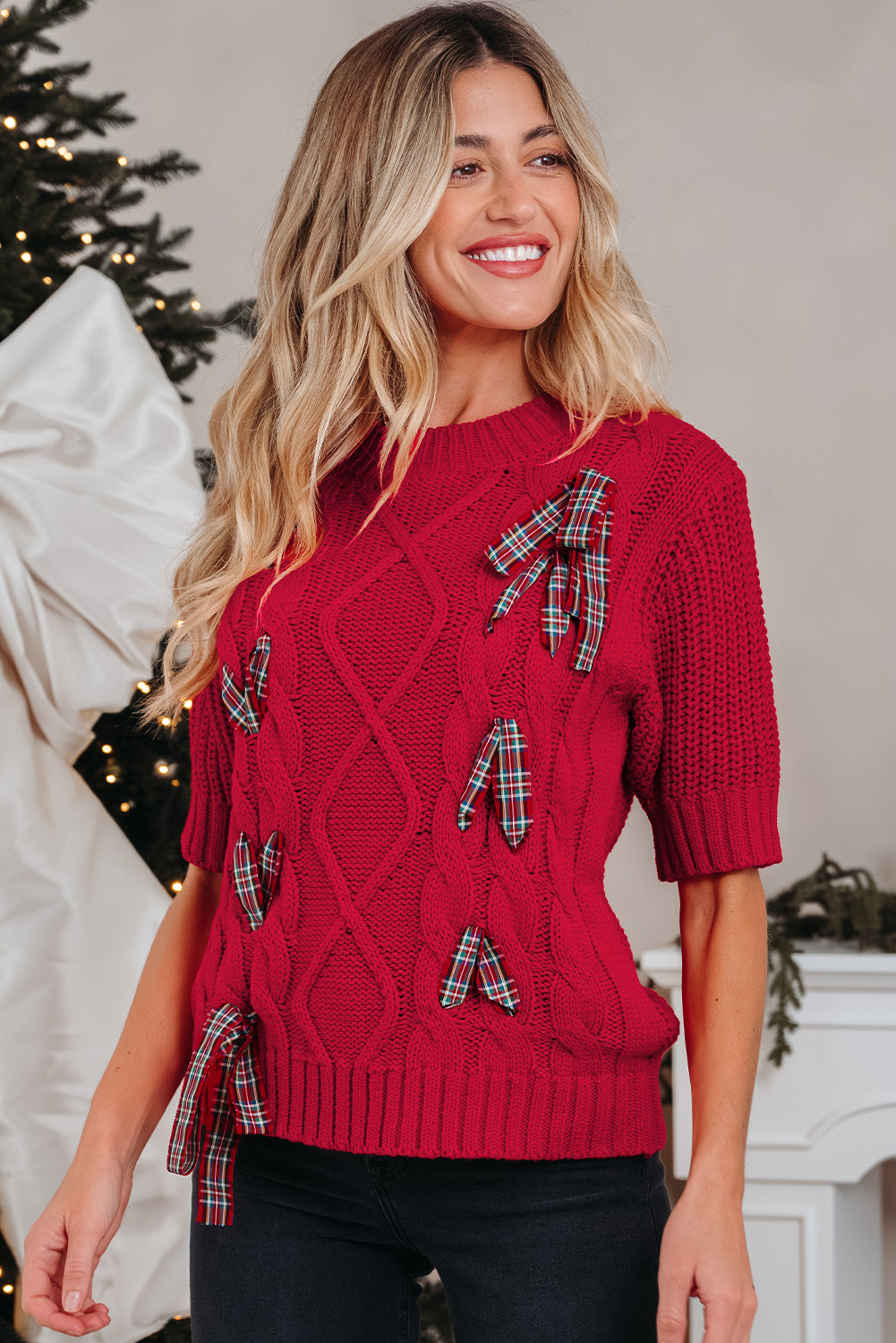 Fiery Red Plaid Lace up Christmas Sweater