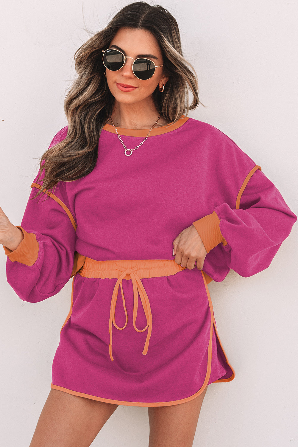 Evergreen Color Contrast Loose Pullover Waist Skort Set