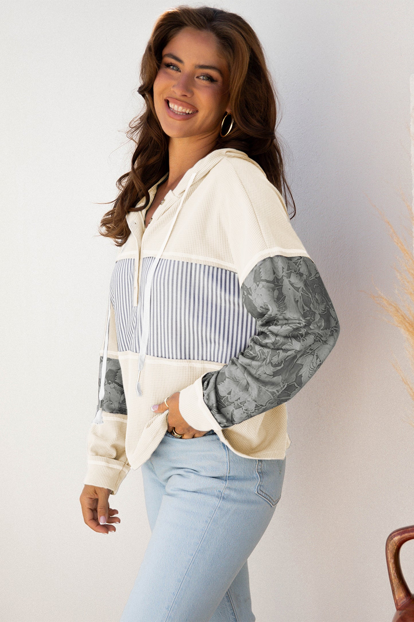 Cinnamon Waffle Printed Patchwork Drawstring Hooded Long Sleeve Top