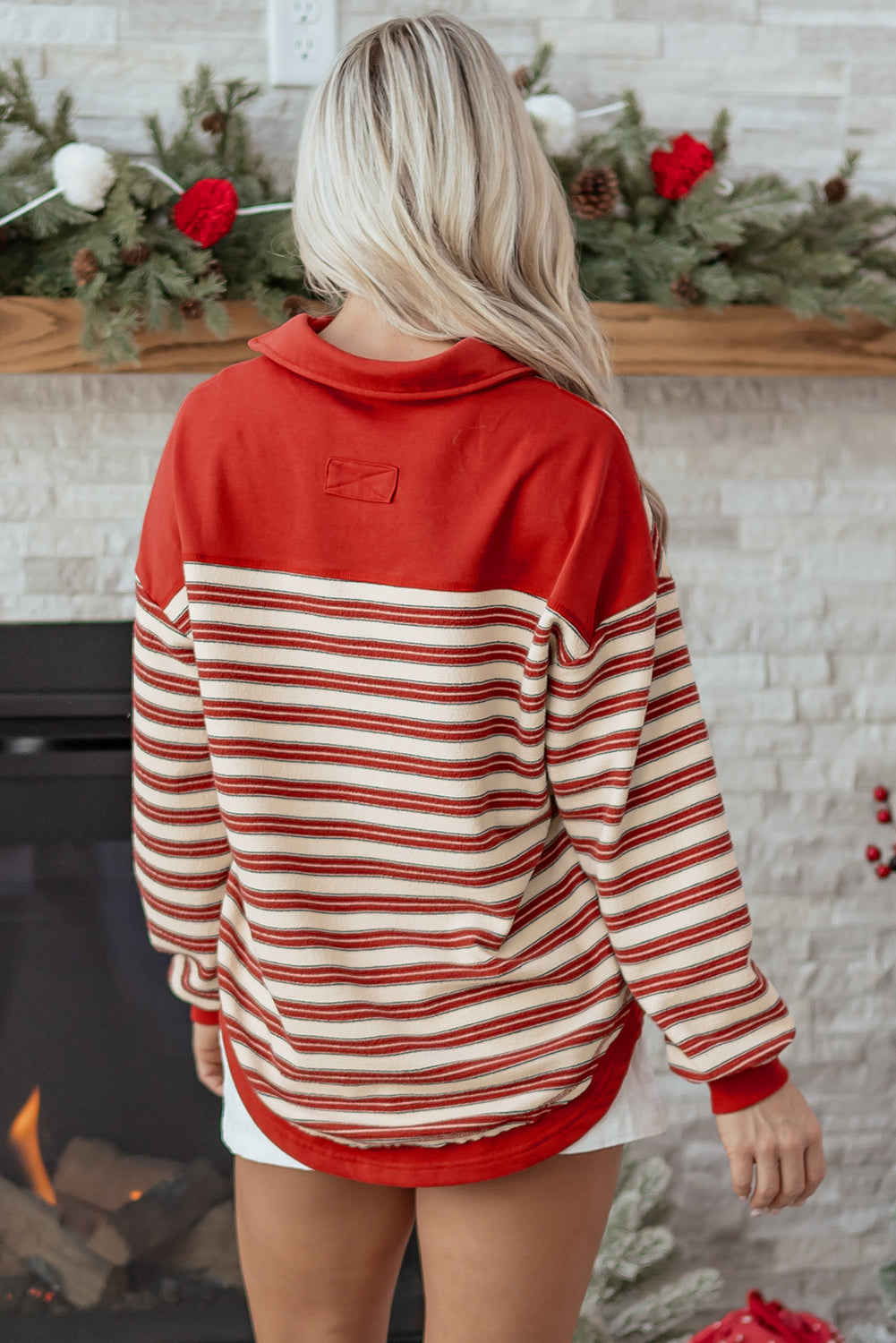 Red Stripe Buttoned V Neck Top