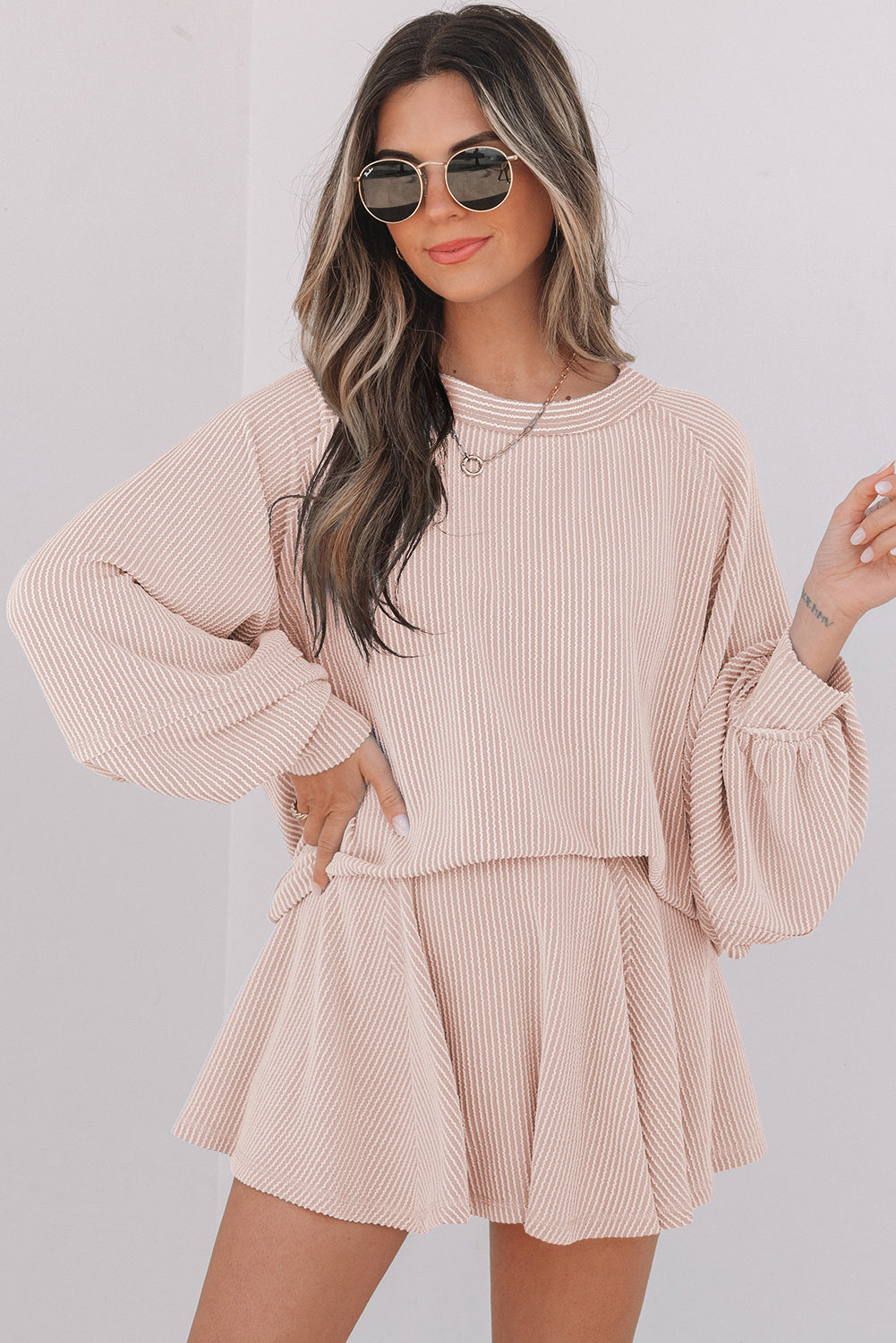 Sky Blue Corded Lantern Sleeve Top High Waist Ruffled Mini Skirt Set