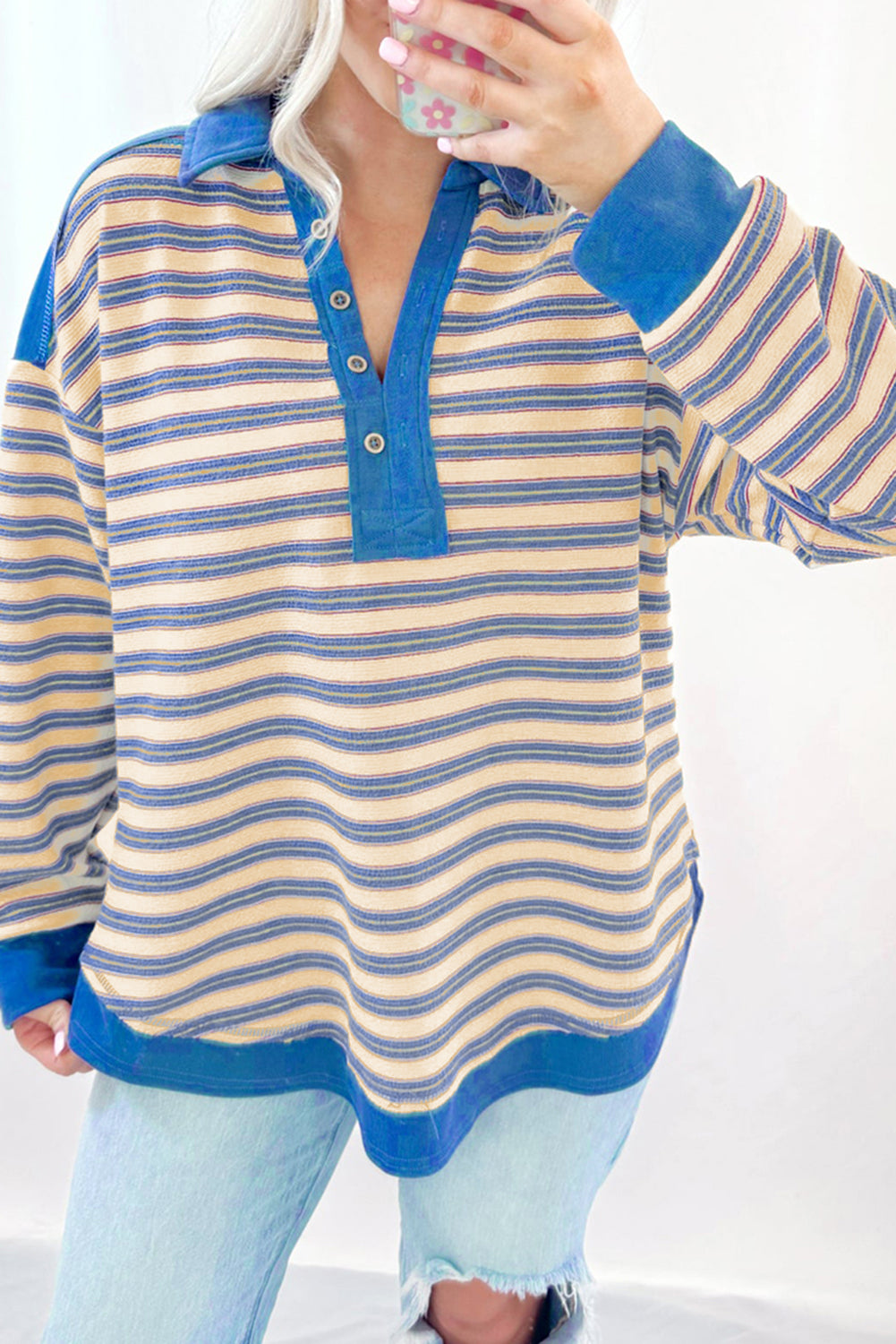 Red Stripe Buttoned V Neck Top