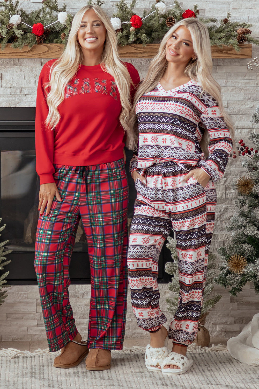 Red Plaid Mama Graphic Christmas Pullover and Pants Two Piece Lounge Set