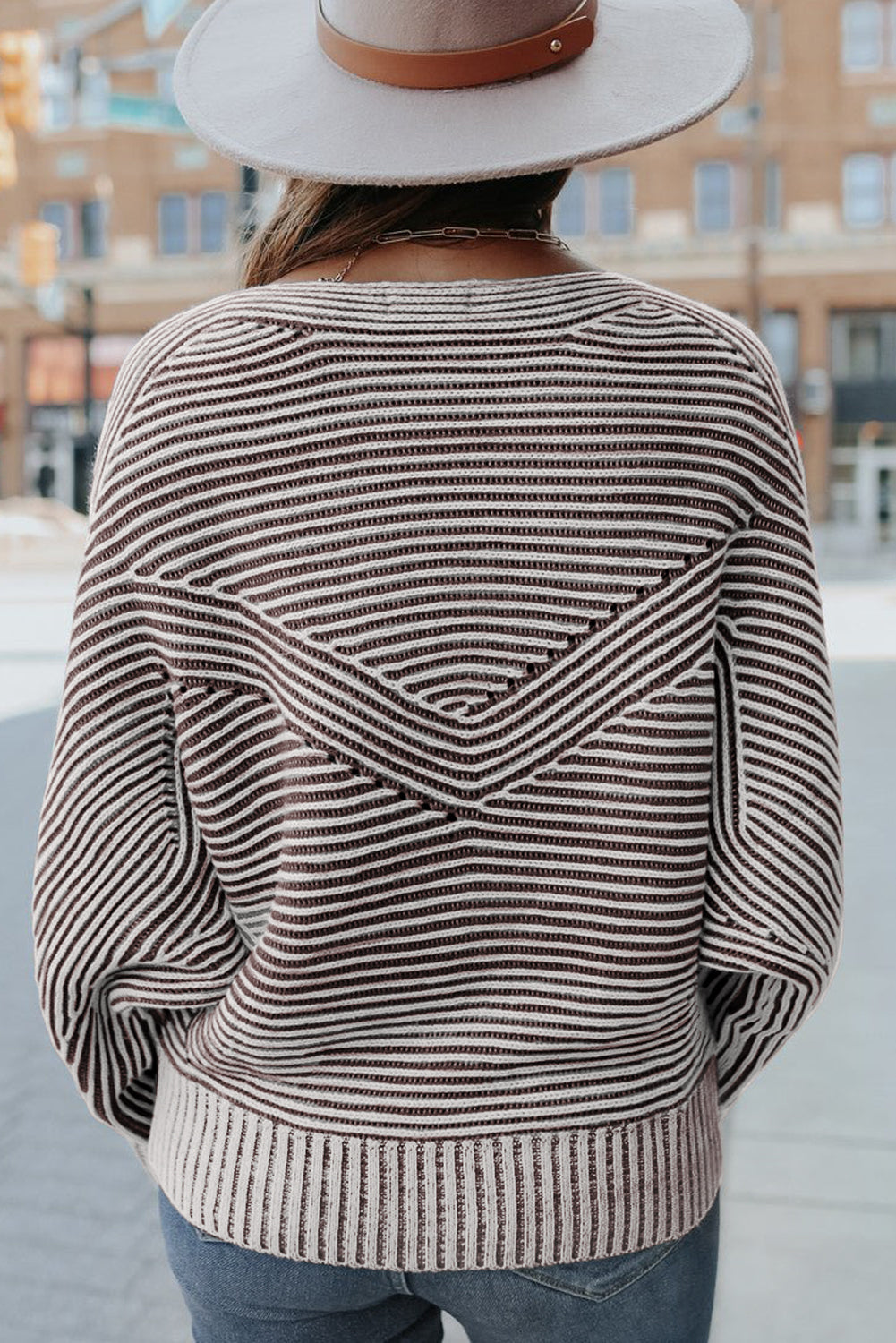 Coffee Striped Ribbed Knit Sweater