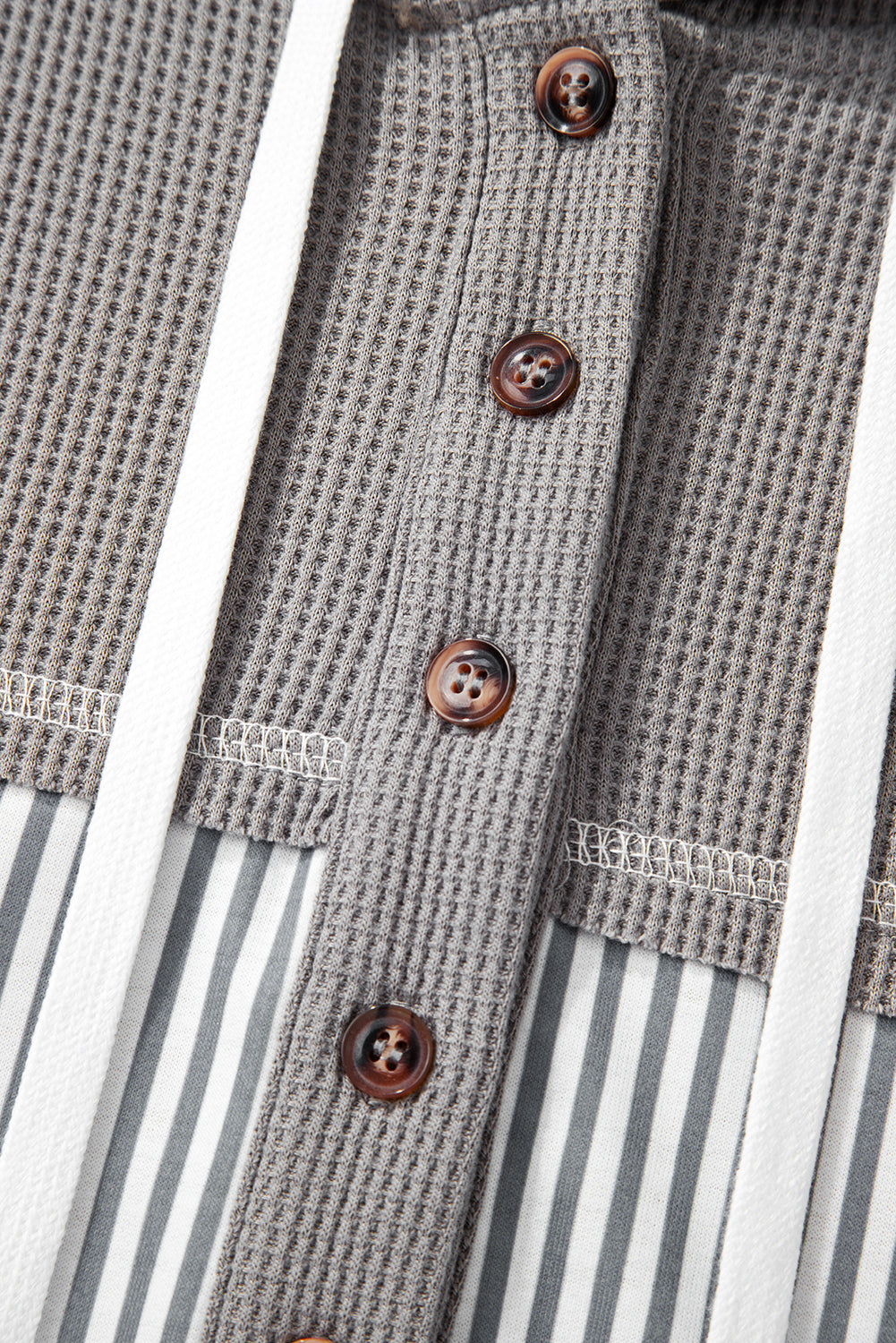 Cinnamon Waffle Printed Patchwork Drawstring Hooded Long Sleeve Top