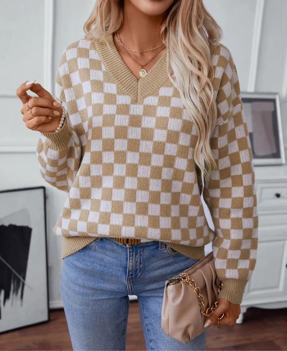 Checkered V-Neck Dropped Shoulder Sweater