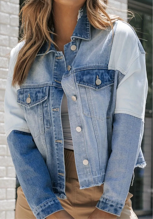 Distressed Button Up Drop Shoulder Denim Jacket