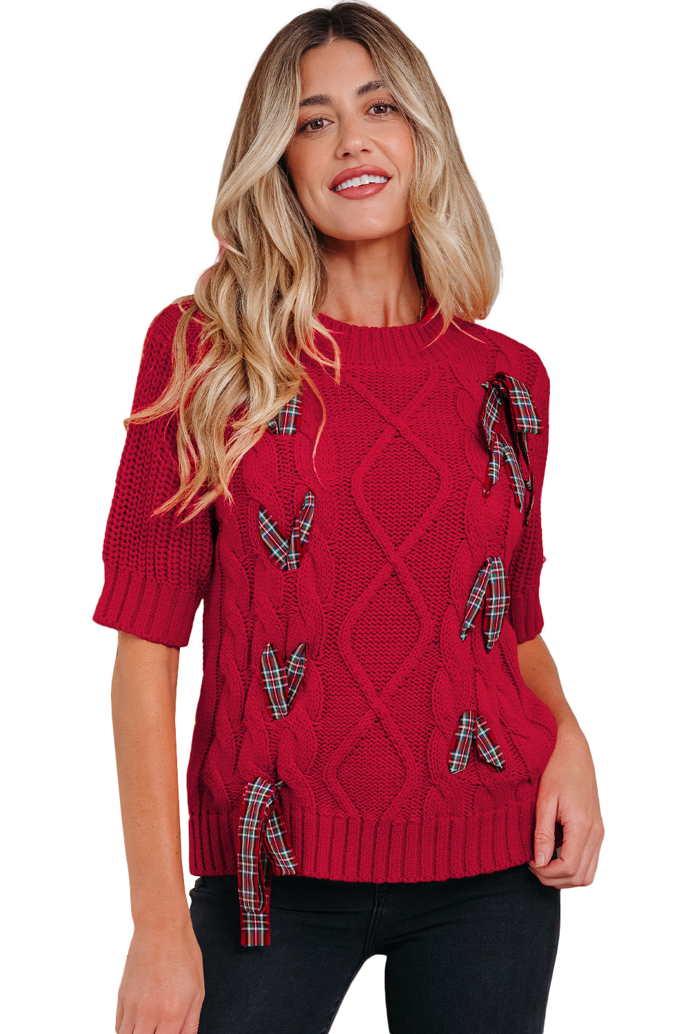 Fiery Red Plaid Lace up Christmas Sweater