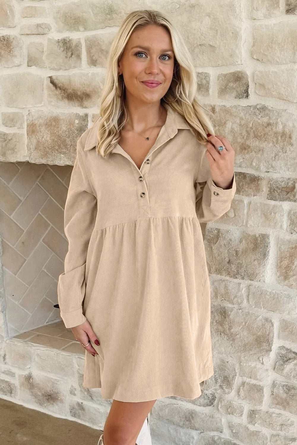 Oatmeal Corduroy Button Detail Dress