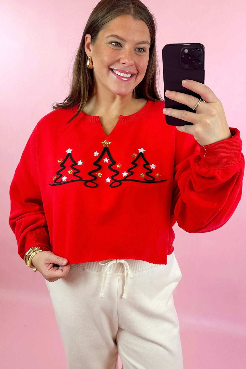 Tomato Red Christmas Tree Embroidered Sweatshirt