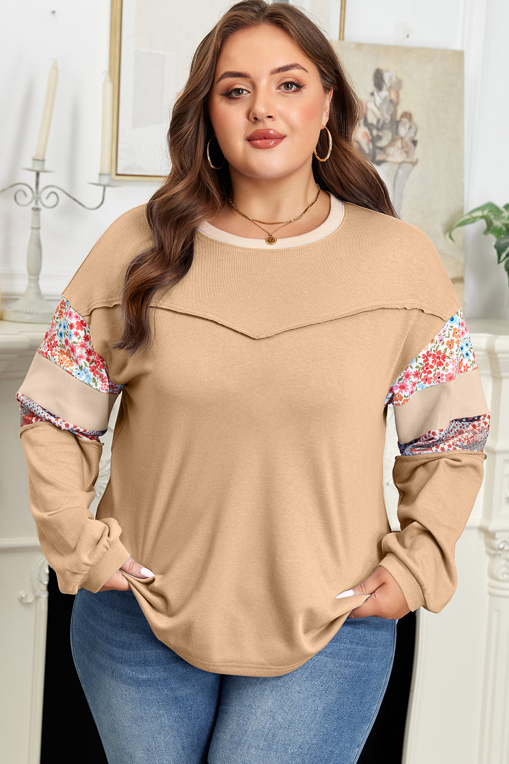 Blue Exposed Seam Floral Mixed Patchwork Relaxed Plus Size Sweatshirt