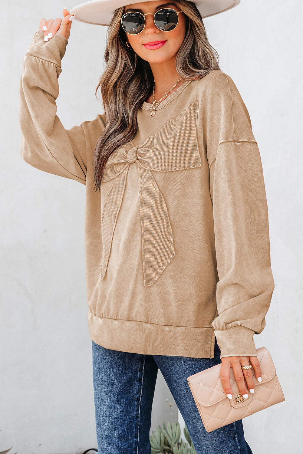 Light French Beige Mineral Wash Big Bow Sweatshirt