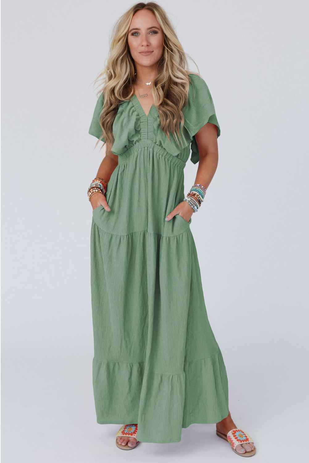 Parchment Textured V Neck Flutter Sleeve Ruffled Maxi Dress