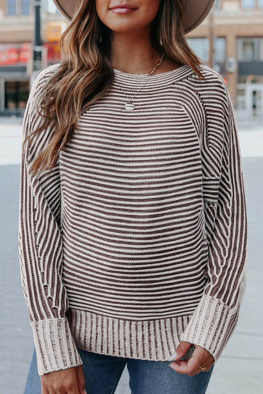 Coffee Striped Ribbed Knit Sweater