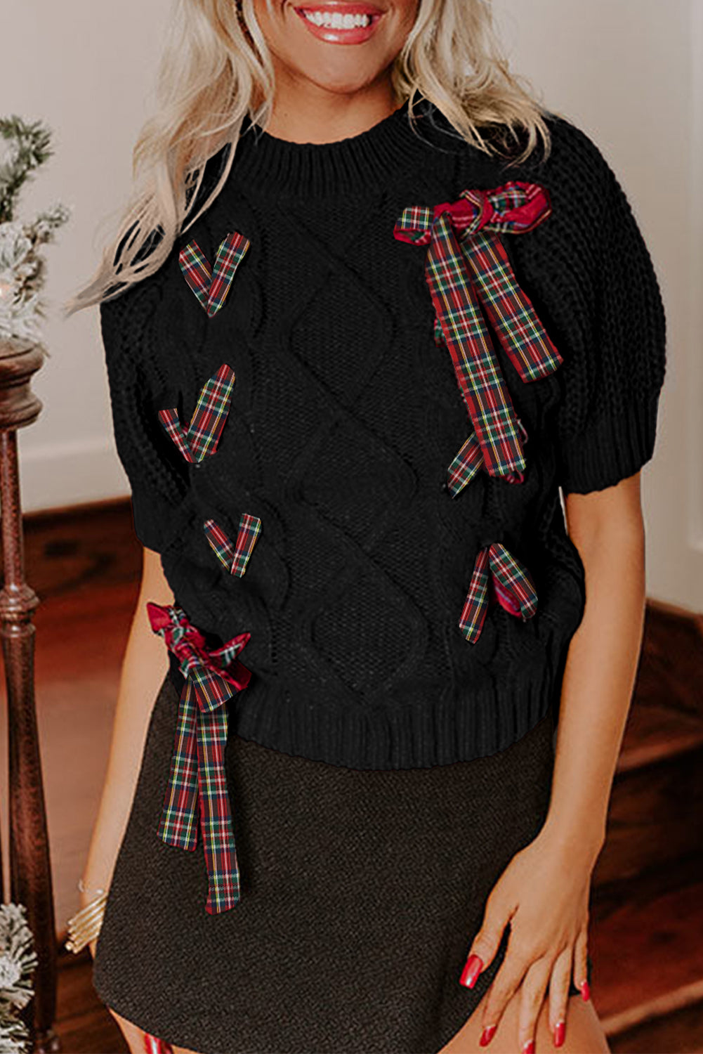 Fiery Red Plaid Lace up Christmas Sweater