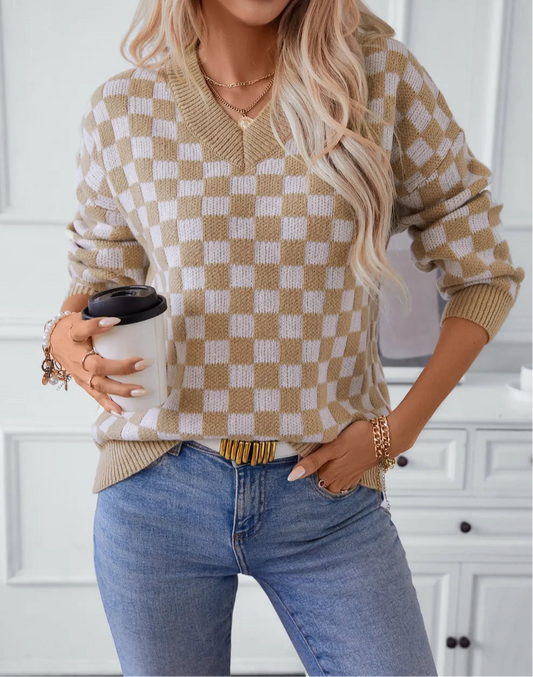 Checkered V-Neck Dropped Shoulder Sweater