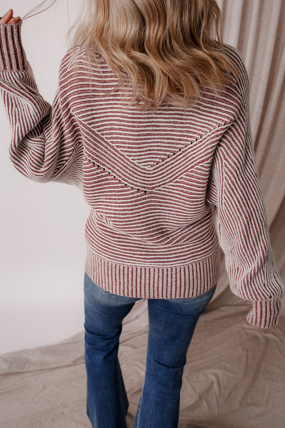 Coffee Striped Print Ribbed Knit Boat Neck Baggy Sweater