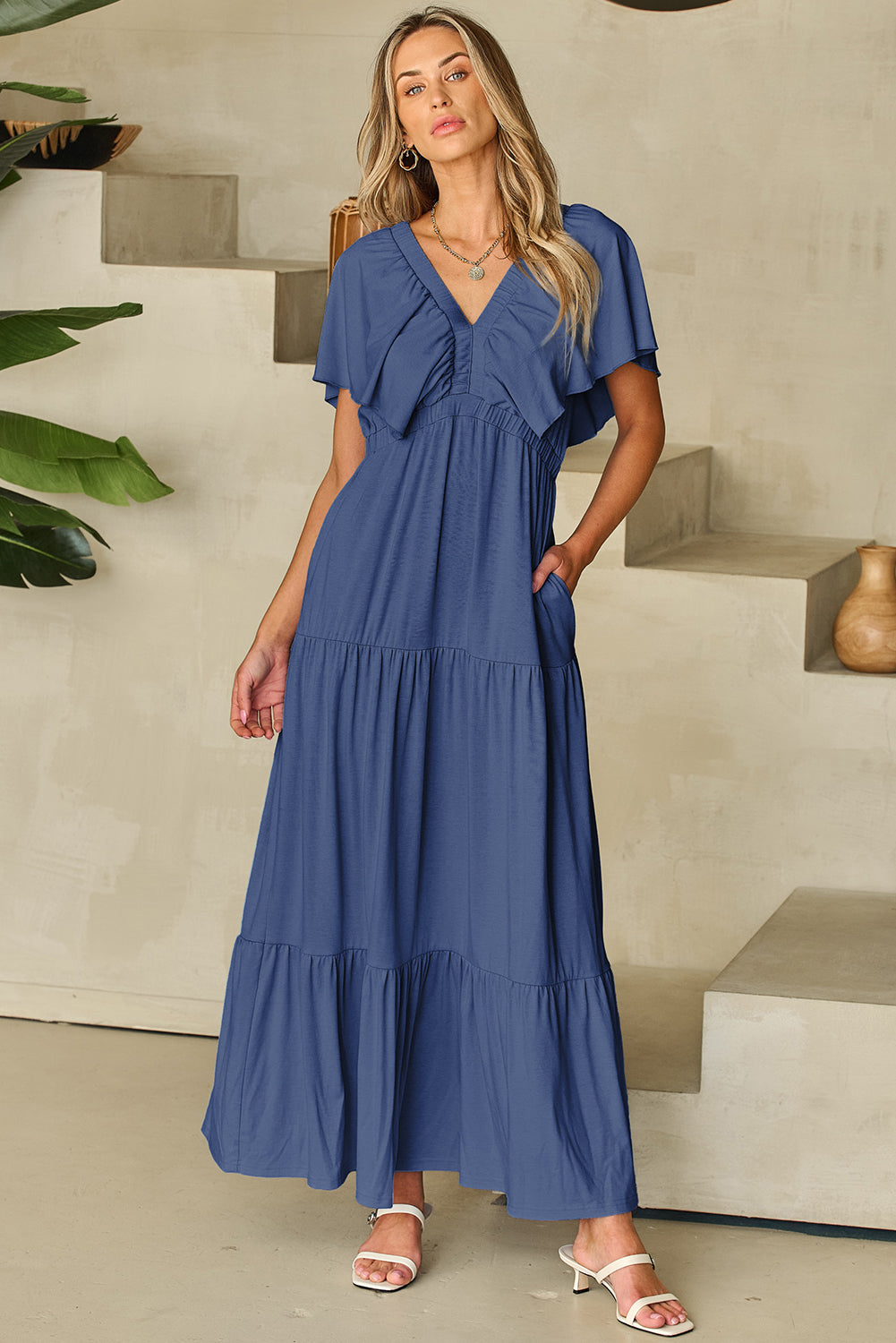 Parchment Textured V Neck Flutter Sleeve Ruffled Maxi Dress