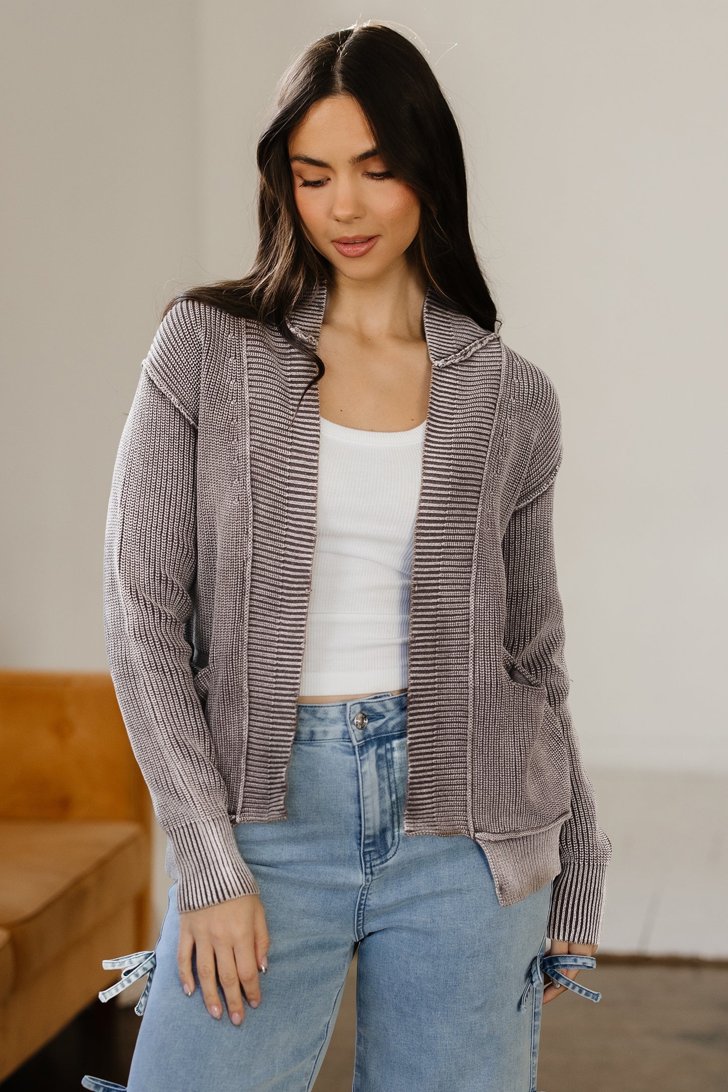 Chestnut Mineral Wash Patchwork Knit Cardigan