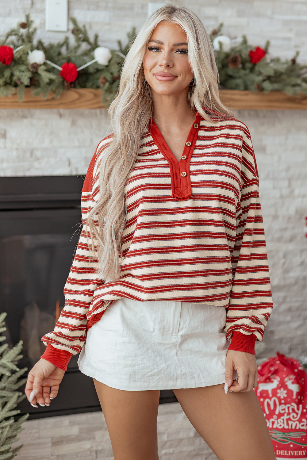 Red Stripe Buttoned V Neck Top