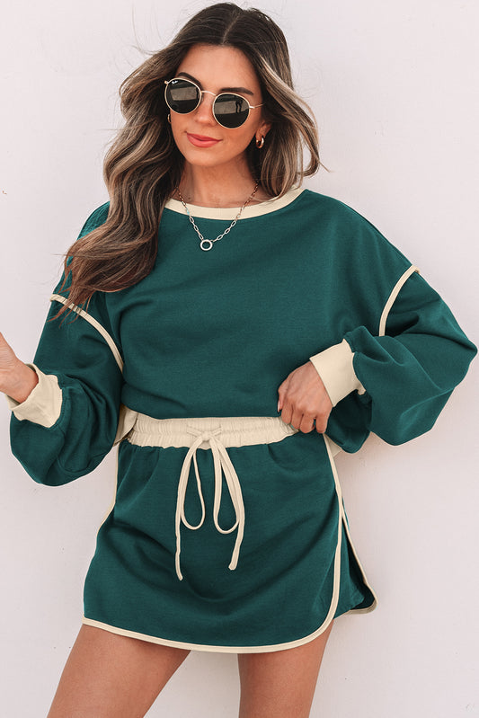 Evergreen Color Contrast Loose Pullover Waist Skort Set