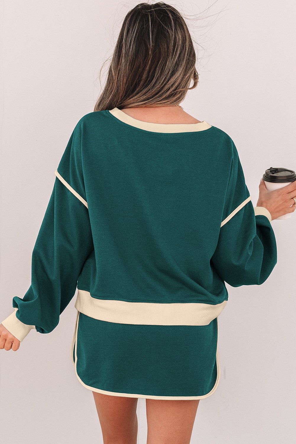 Evergreen Color Contrast Loose Pullover Waist Skort Set