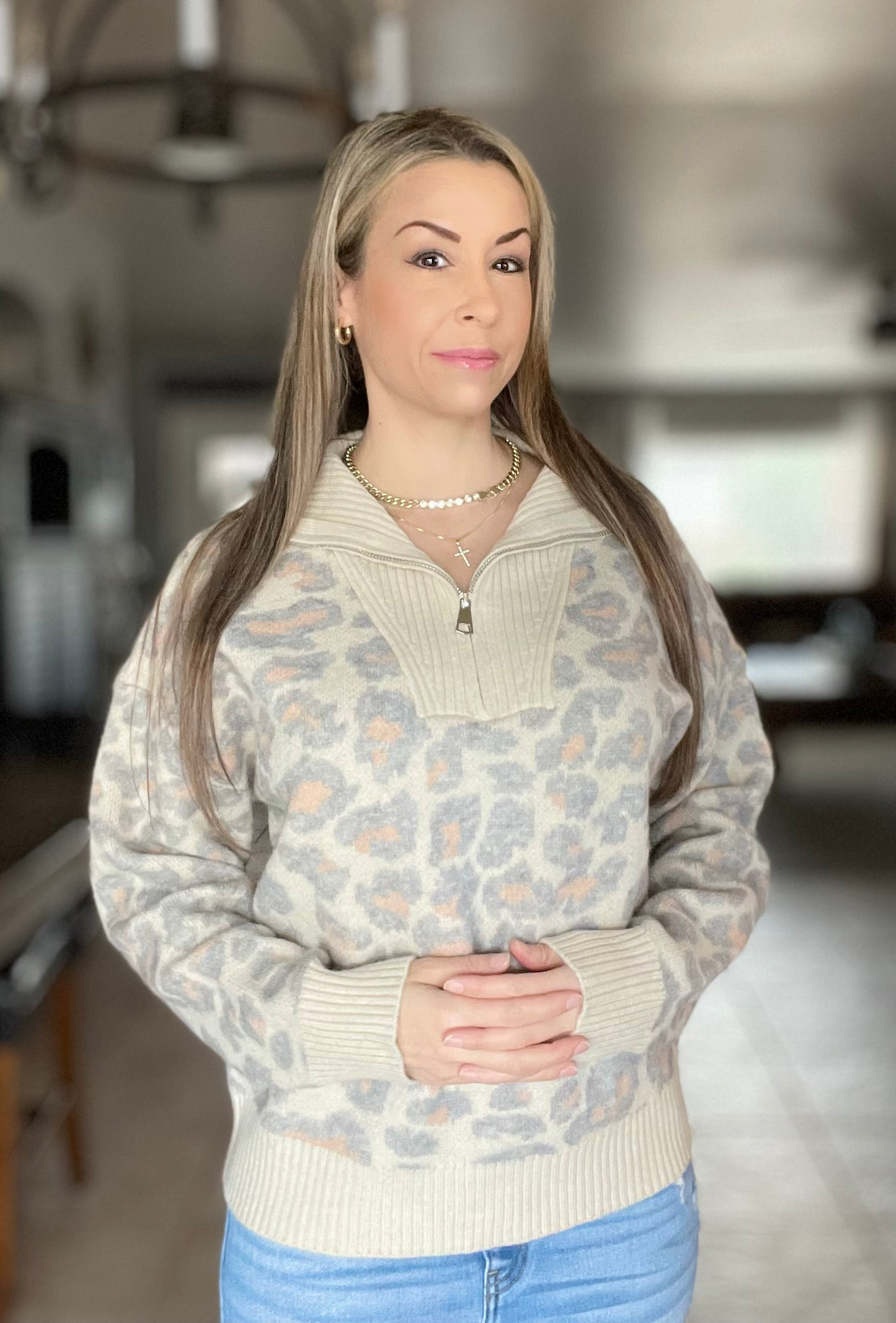 Umgee Leopard Print Quarter-Zip Knit Sweater