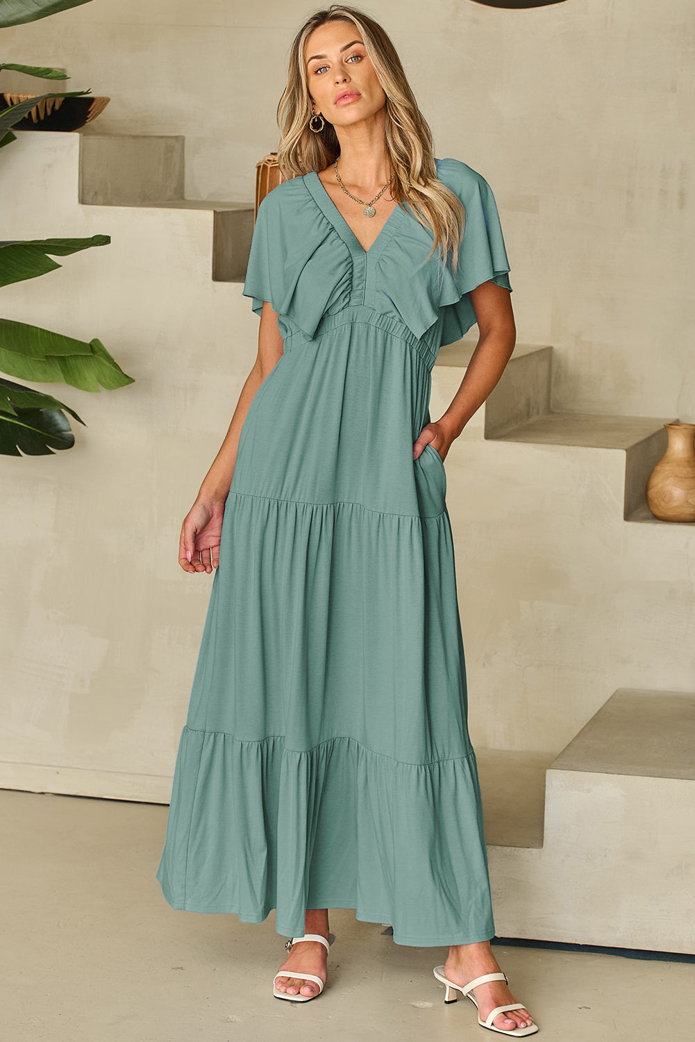 Parchment Textured V Neck Flutter Sleeve Ruffled Maxi Dress