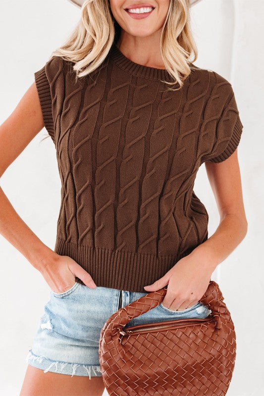 Cable Texture Crew Neck Short Sleeve Sweater Top