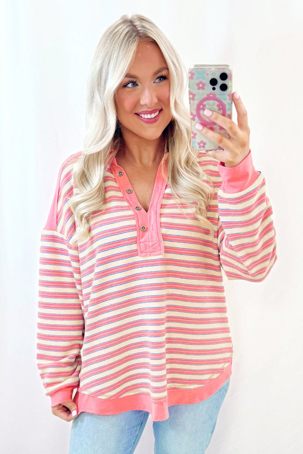 Red Stripe Buttoned V Neck Top