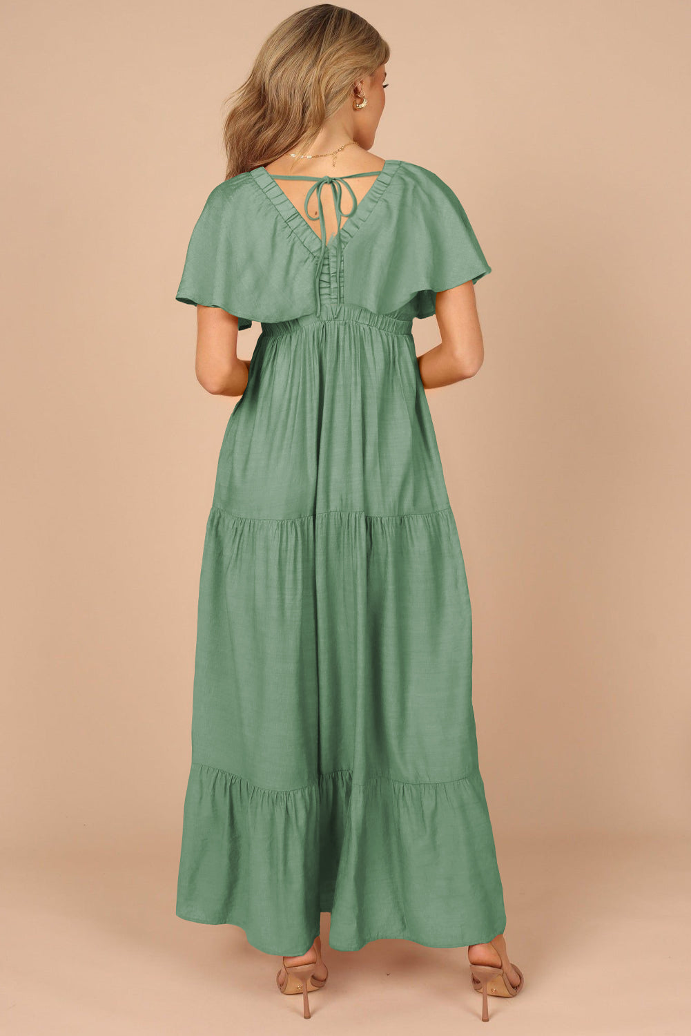 Parchment Textured V Neck Flutter Sleeve Ruffled Maxi Dress