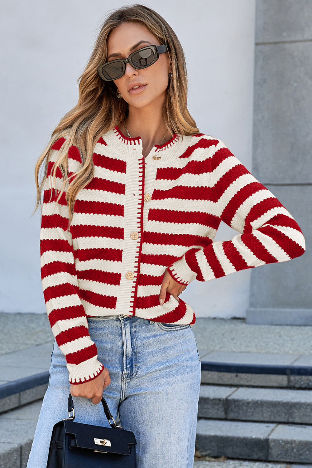 Black Stripe Chic Golden Button Cardigan Sweater