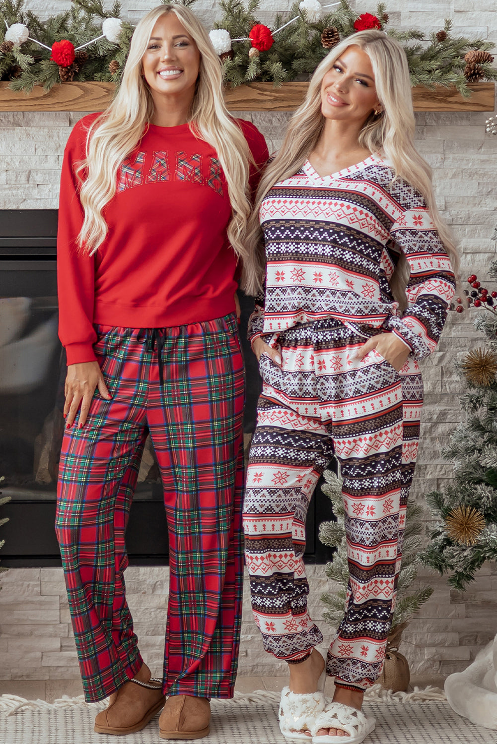 Red Plaid Mama Graphic Christmas Pullover and Pants Two Piece Lounge Set