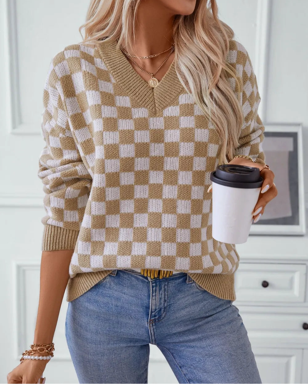 Checkered V-Neck Dropped Shoulder Sweater