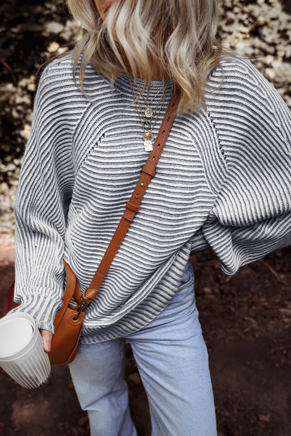 Coffee Striped Print Ribbed Knit Boat Neck Baggy Sweater
