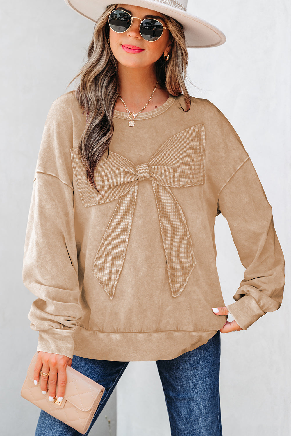 Light French Beige Mineral Wash Big Bow Sweatshirt