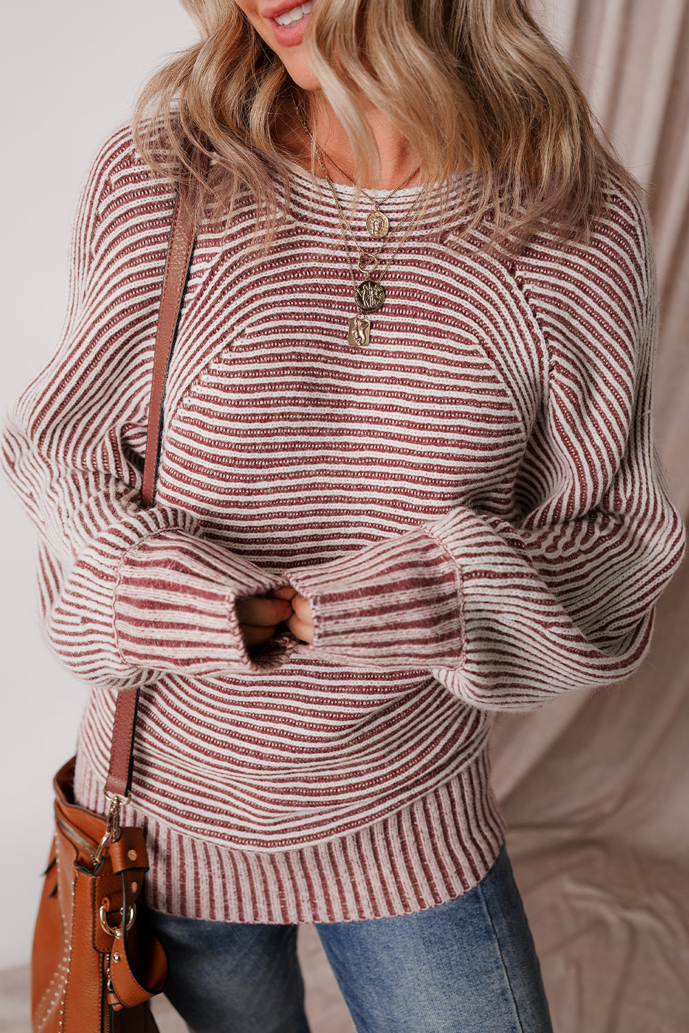 Coffee Striped Print Ribbed Knit Boat Neck Baggy Sweater