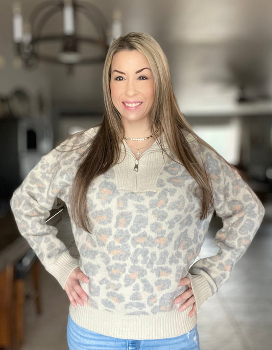 Umgee Leopard Print Quarter-Zip Knit Sweater