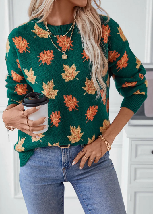 Maple Leaf Round Neck Long Sleeve Sweater